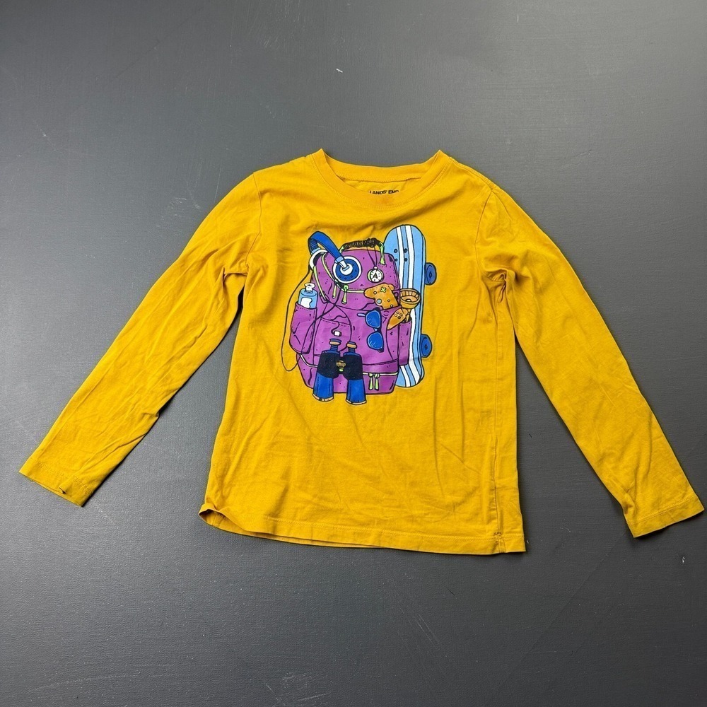 Lands' End Boys Large Yellow Graphic Skateboard Long Sleeve Cotton Tee Shirt Top